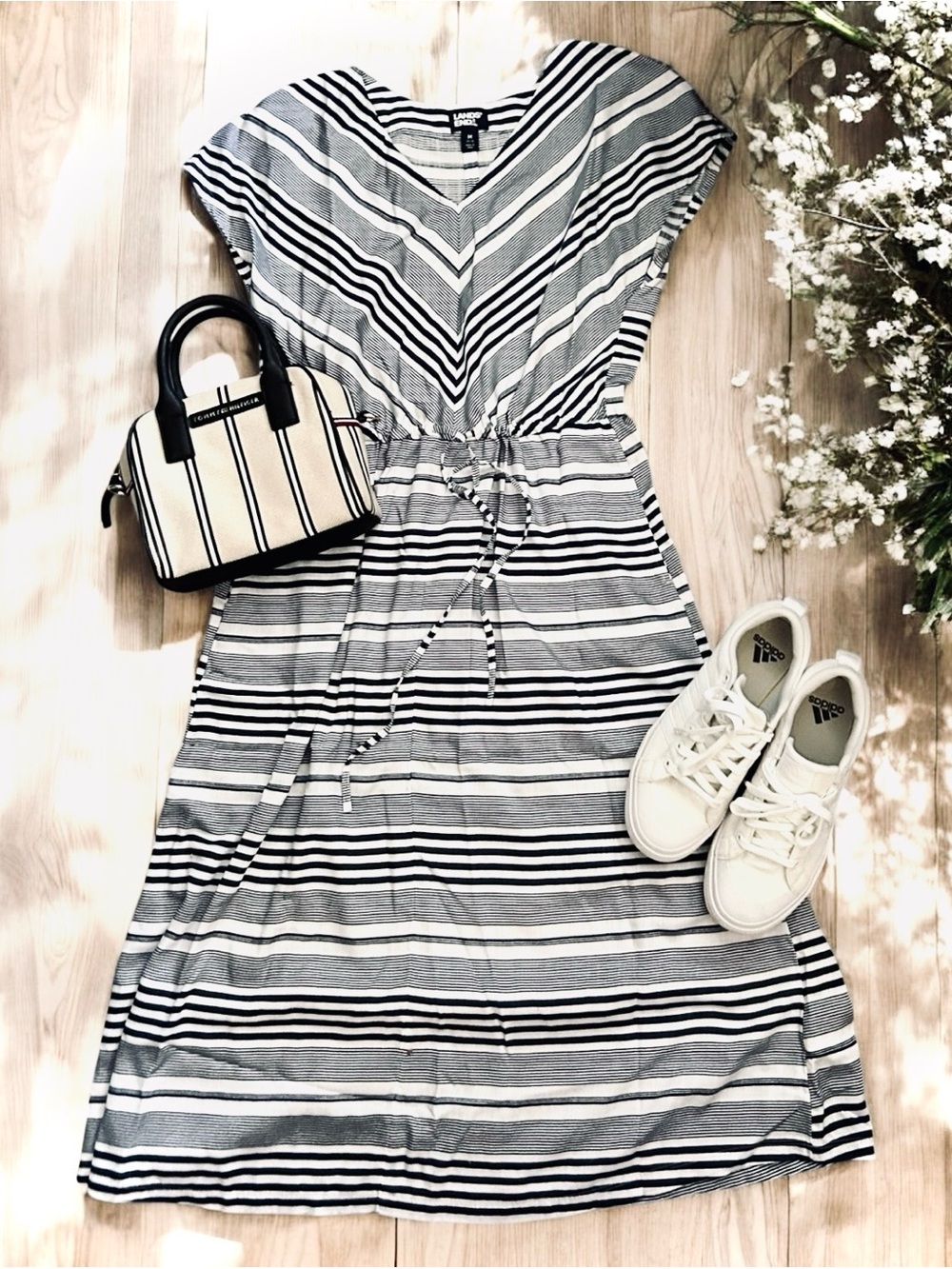 Lands' End Navy and White Striped V-Neck Midi Dress